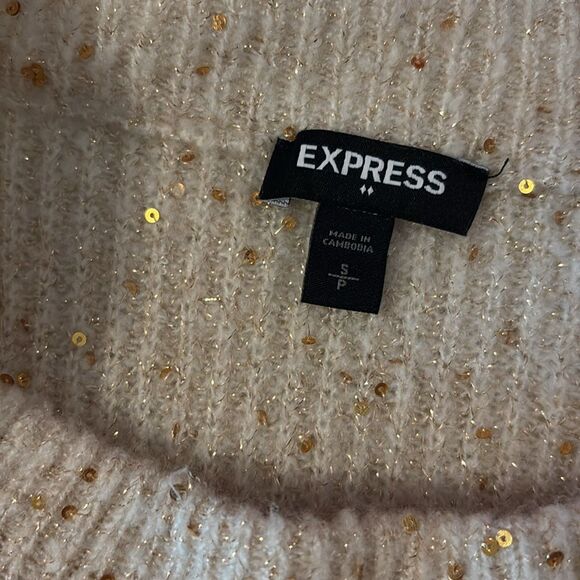Express Cream Women's Crew Neck Sweater with sparkling gold sequins. Sz small. - Picture 6 of 8